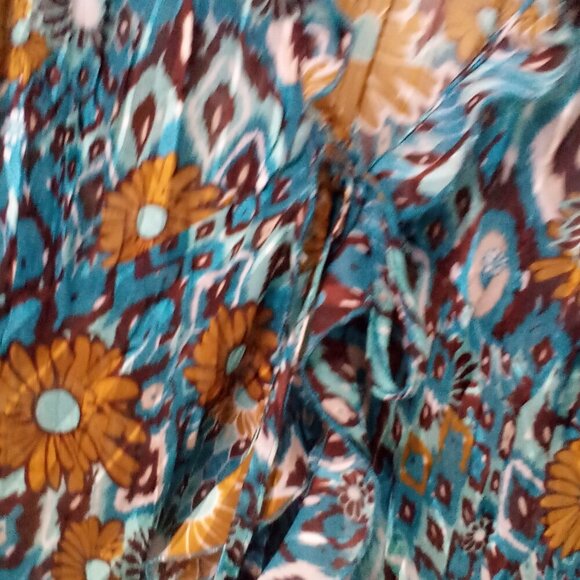 Kim Rogers Blouse Women L 3/4 Sleeve Simi Sheer Ruffle Open Tie Front Teal Brown - Picture 8 of 16